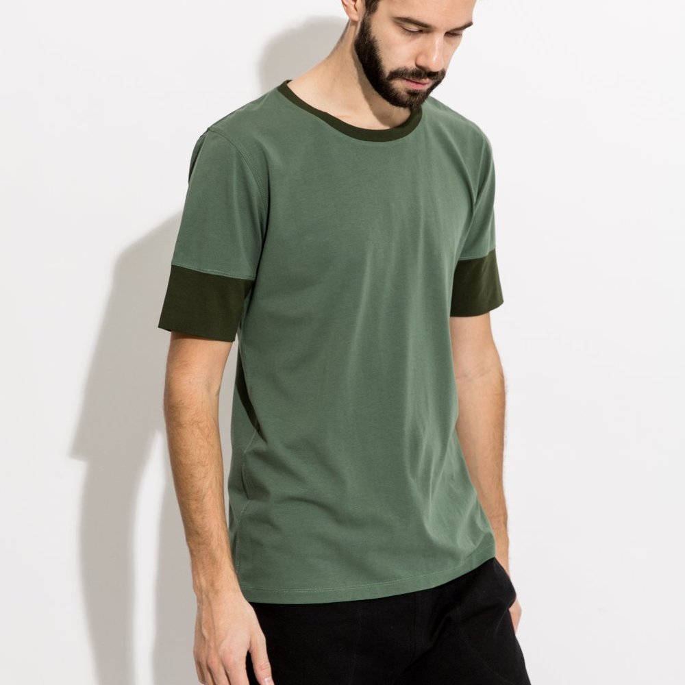 Army Green T-Shirt with Ribbed Sleeves - New